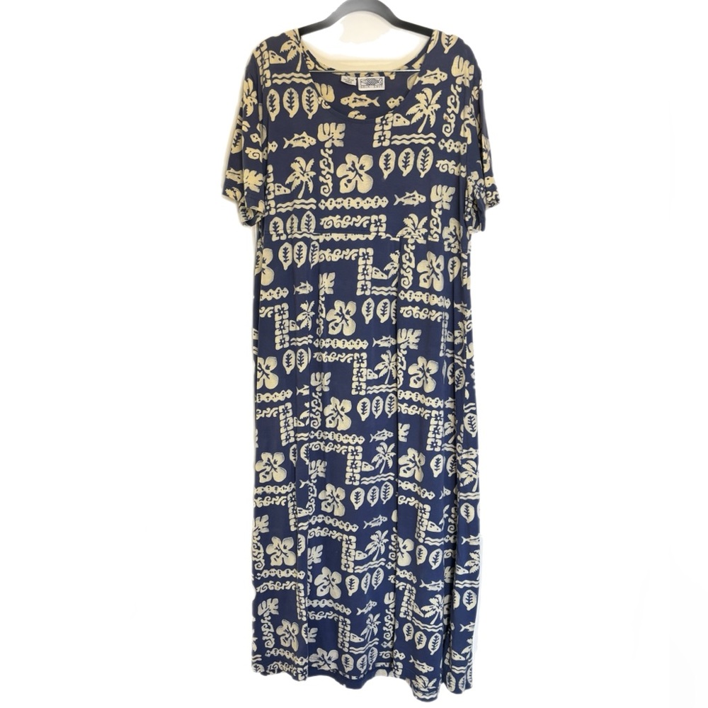 Back East blue & white 100% cotton short sleeve tropical print maxi dress